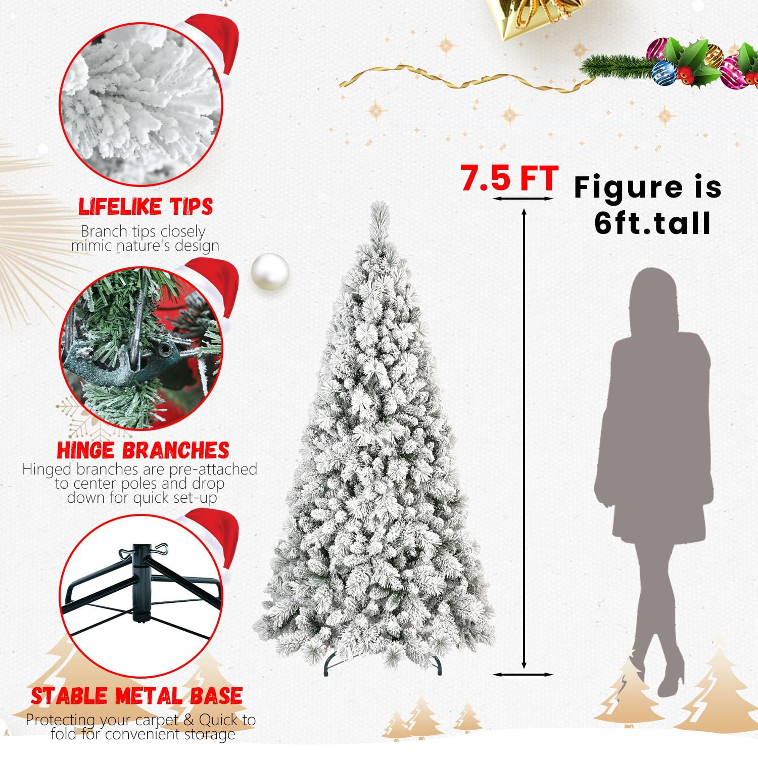 Alvantor 7.5FT Flocked Christmas Tree Full-Body Holiday Tree with 1252 Tips for Indoor Holiday Decoration White