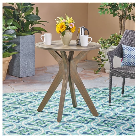 Bistro Table Outdoor 27.5 Inch Round Patio Dining Table - Wood Slat-Panel Table for Backyard, Garden, Porch - Rustic Cross Base Design