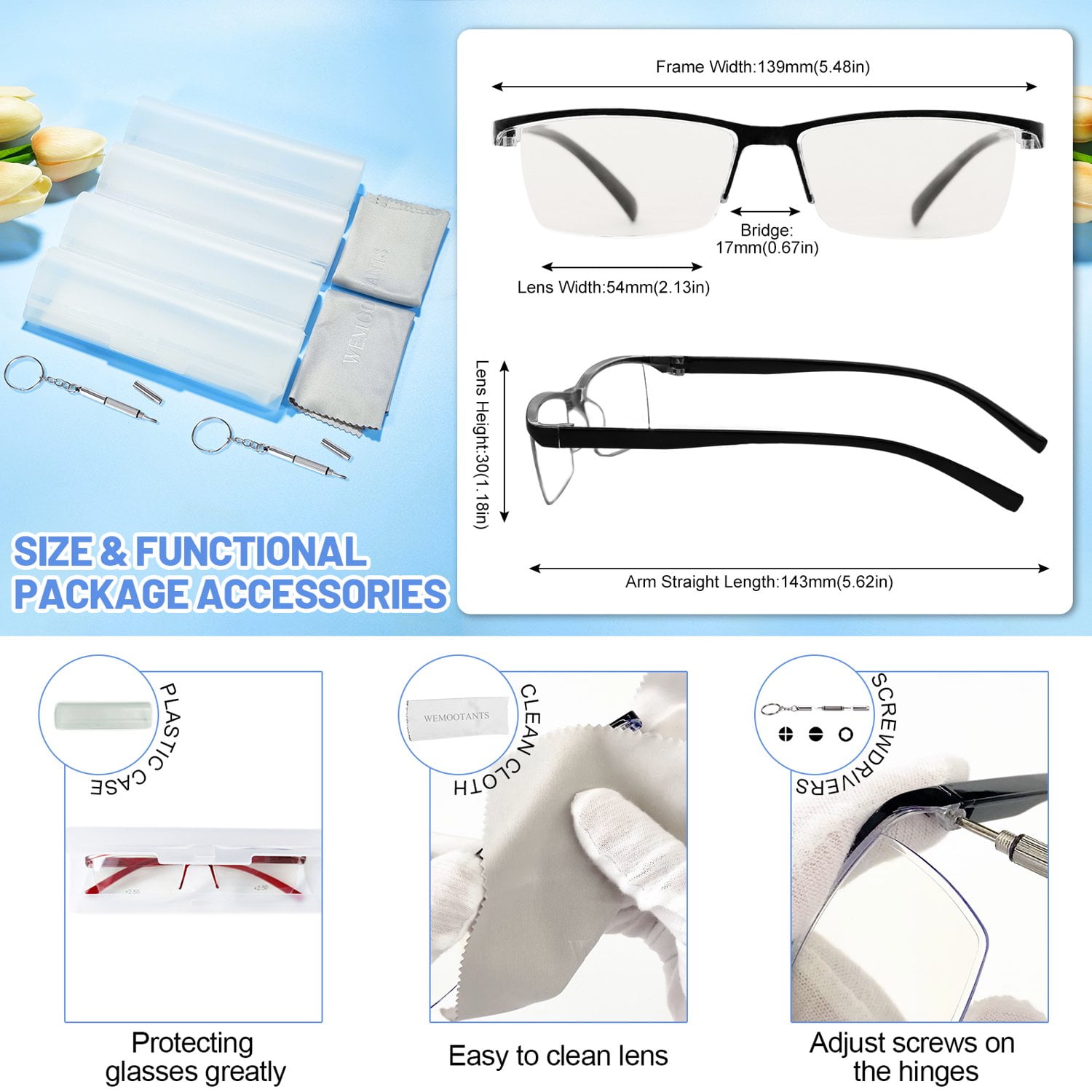 WEMOOTANTS 4 Packs Blue Light Blocking Reading Glasses 1.75 Men Women Lightweight Black Readers 1.0 1.25 1.5 175 2.0 2.25 2.5 2.75 3.0 3.5 4.0