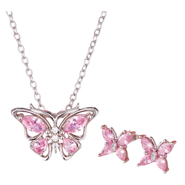 Visland 2 Pcs/Set Necklace Earrings Set Shiny Rhinestones Butterflies Shape Pendant Necklace Stud Earrings Set Jewelry Gift