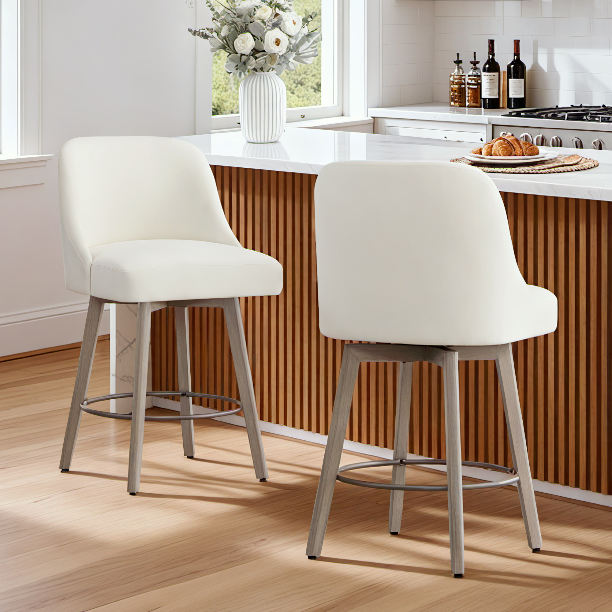 Spruce & Spring Modern Swivel Counter Stool with Upholstered Seat and Rounded Back for Kitchen or Bar Set of 2, Ivory