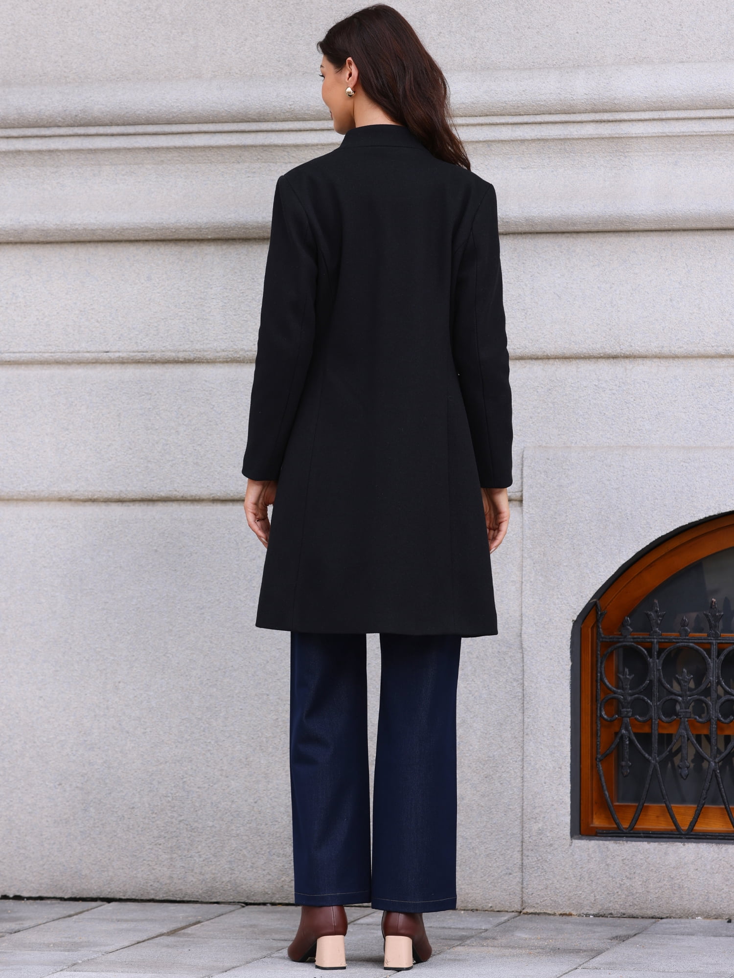 DARING DIVA Women's Stand Collar Mid-Length Overcoat with Pockets S Black