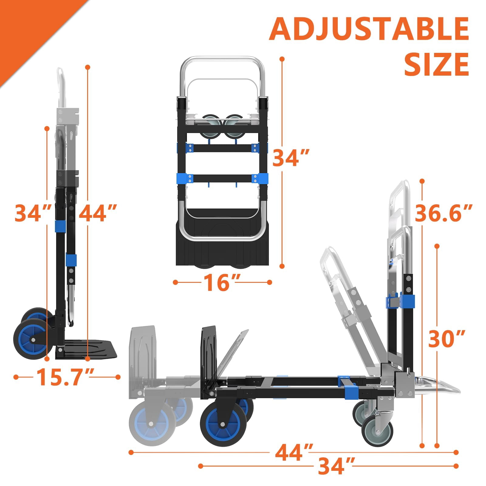 3-in-1 Heavy Duty Folding Dolly, Convertible Hand Truck Portable Steel with Telescopic Handle & Dolly Cart with Rubber Wheels, 580LB Capacity,Blue