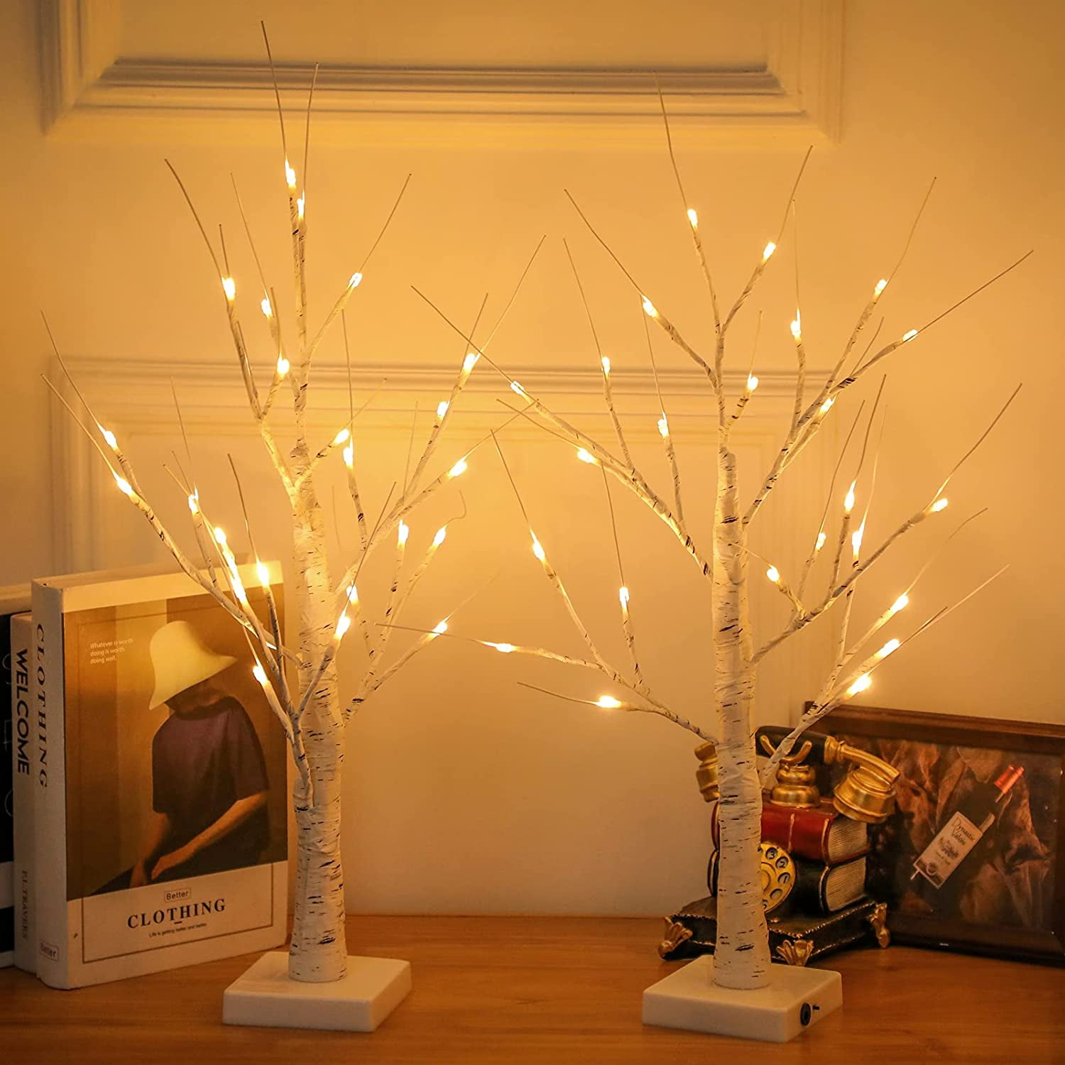 2PCS 2FT LED White Christmas Tree Light Battery Powered Twig Tree Tabletop Decor