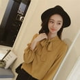 thumbnail image 4 of Women's Solid Bow Tied Neck Ruffle Long Sleeve Chiffon Shirt Blouse Tops, 4 of 5