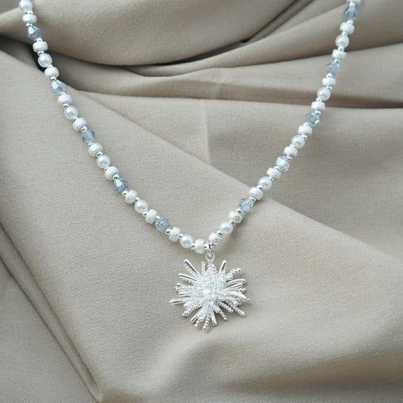【Pendant Necklace】Silver Alloy&Light Blue Crystal Beaded Necklace with Coral Charm, Daily Wear & Gift for Her