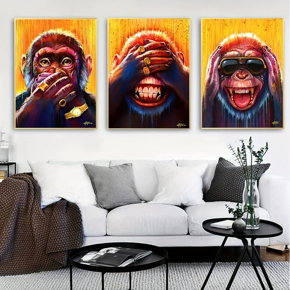 3pcs/set Unframed Canvas Poster, Modern Art, Three Funny Animal Monkey Posters, Ideal Gift For Bedroom Living Room Corridor, Wall Art, Wall Decor, Winter Decor, Room Decoration