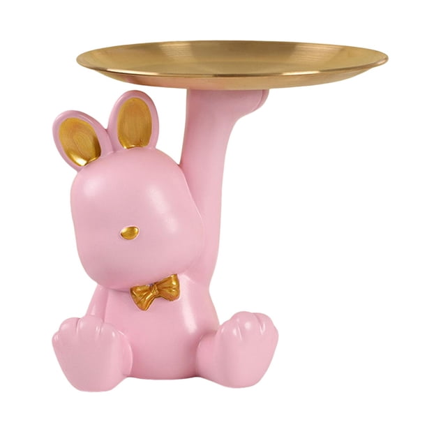 Figura de conejo, joyería, baratijas, bandeja para servir, decoración de resina, estatua, escultura Rosado