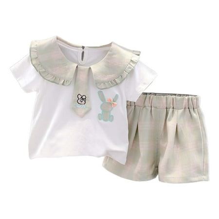 

Baby Summer Clothes Rabbit Pattern Plaid Lapel Tie School Style Short Sleeve Toddler Clothes Children 2PCS Set Thin Outfits Sets Baby Fashion Dailywear Child Clothing