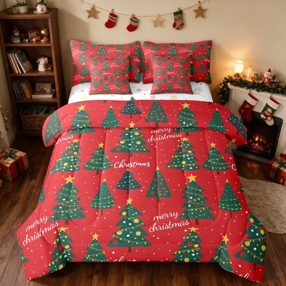 Manfei Christmas Tree Twin Bedding 7pcs Green Bedding Comforter Set, Yellow Red, Xmas Reversible