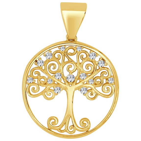 14k Yellow Gold, Tree of Life Pendant Charm Created CZ Crystals 21mm