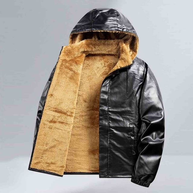 Veste à Capuche en Faux Cuir à Manches Longues Coupe-Vent avec Poches Zippées pour Hommes, Décontractée