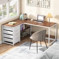 thumbnail image 3 of Fnova 59" Reversible L-Shaped Computer Desk with Drawers, Corner Desk with Shelves, Office Desk Writing Table Workstation for Home Office, Walnut, 3 of 9