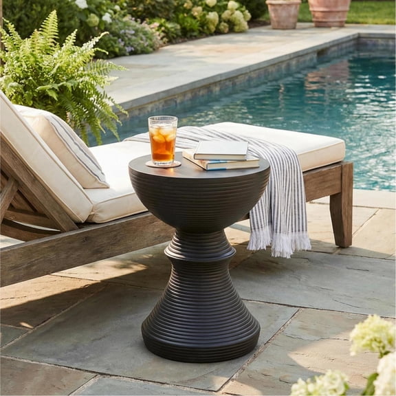 Christopher Knight Home 16" Outdoor Lightweight Concrete Ribbed Hourglass Accent Side Table, Black