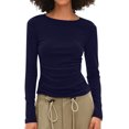 thumbnail image 5 of TKLPEHG Womens Tops Long Sleeve Crew Neck Pleated Slim Tops Classic Solid Color Lightweight Fashion Loose Casual Blouse (Navy,XXL), 5 of 7