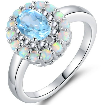 Diamond Fire White Opal and Blue Topaz 18kt White Gold-Plated Flower Ring