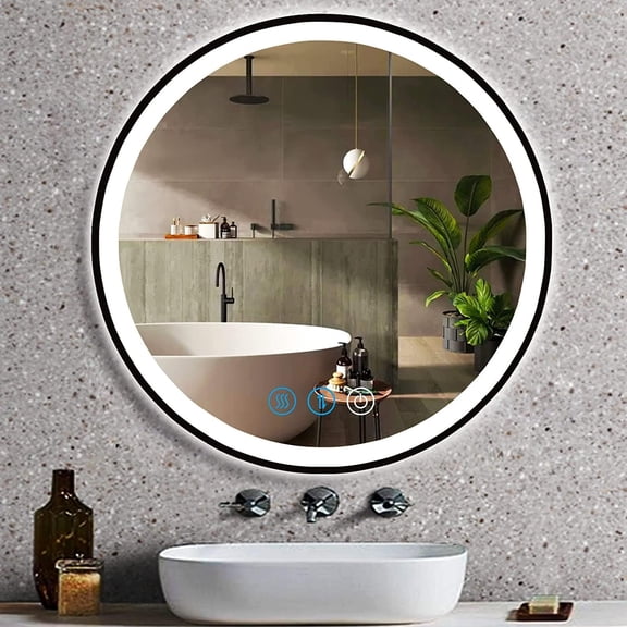 Circle 24" Black Lighted Vanity Mirror with Lights Black Frame Round LED Mirror for Bathroom Wall 3Color Adjustable Brightness Antifog Frontlit 24 Inch Black Framed Round LED Light Up Bathroom Mirror