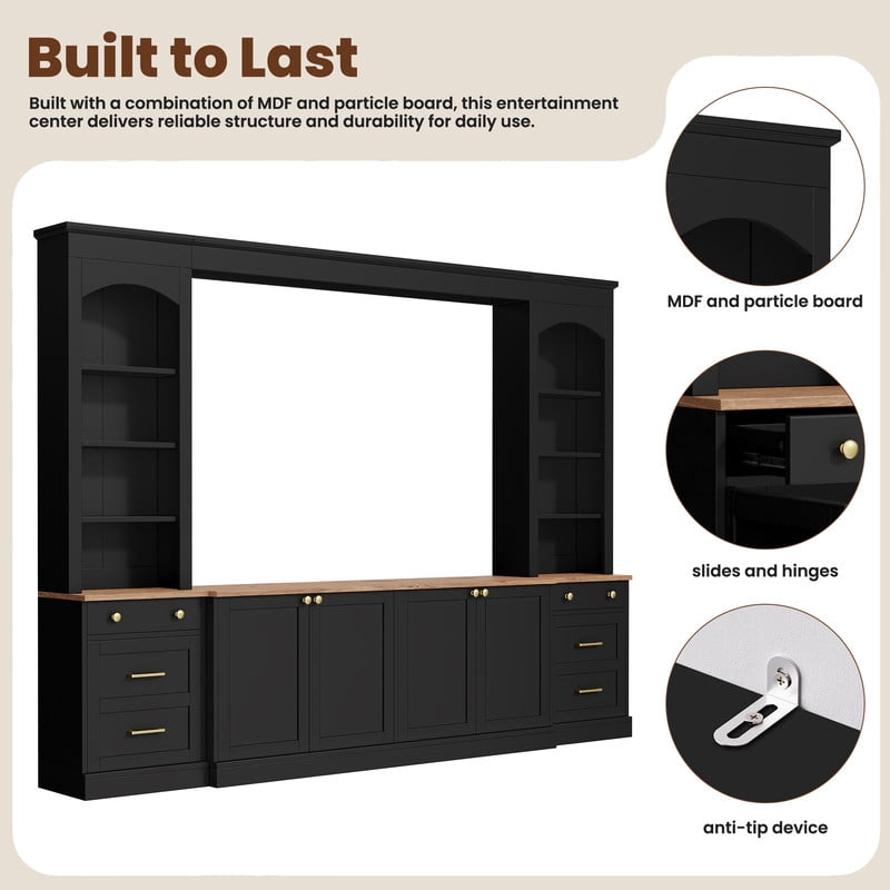 Farmhouse Arched Entertainment Center Wall Unit with Bookshelves, 106" Large TV Stand with Storage Cabinets and Drawers, Retro Wood Grain Media Console for TVs Up to 70"