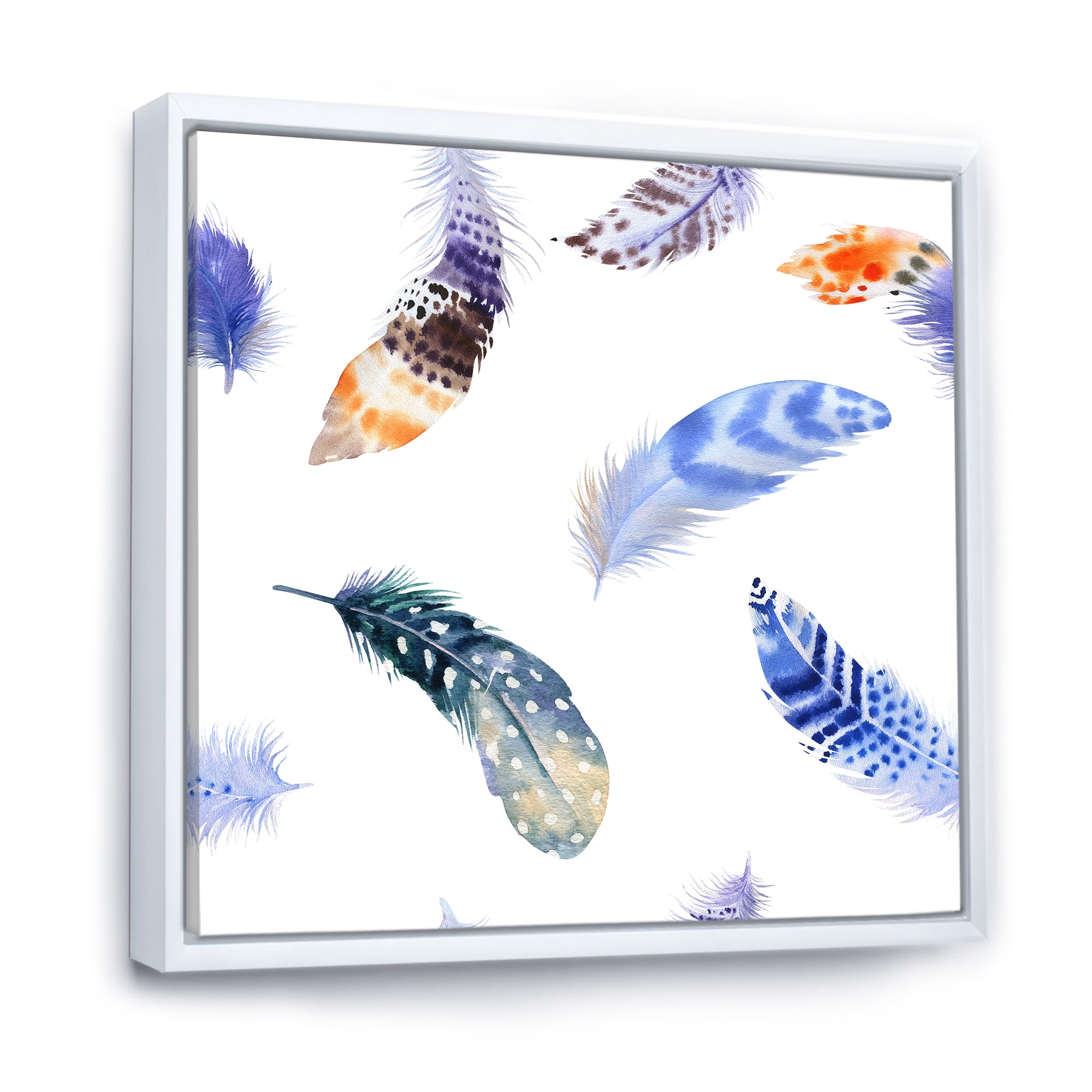 Designart 'Colourful Boho Feather Set On White VII' Bohemian & Eclectic Framed Canvas Wall Art Print
