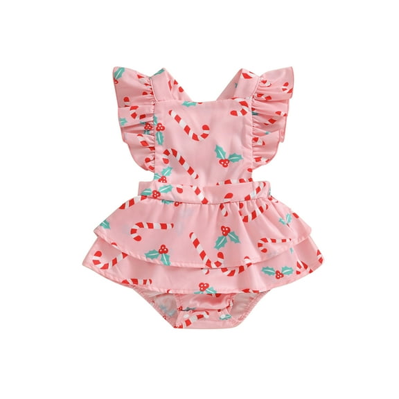 Liacowi Baby Girl Christmas Romper Ruffle Sleeveless Candy Cane Print Bodysuit 6M 12M 18M 24M Newborn Cute Christmas Playsuit