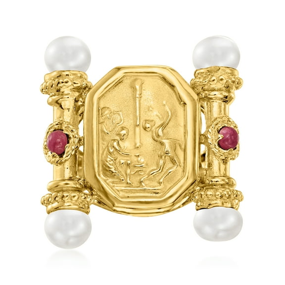 Ross-Simons Italian Tagliamonte 5-5.5mm Cultured Pearl and .40 ct. t.w. Ruby Cameo-Style Ring in 18kt Gold Over Sterling, Women's, Adult