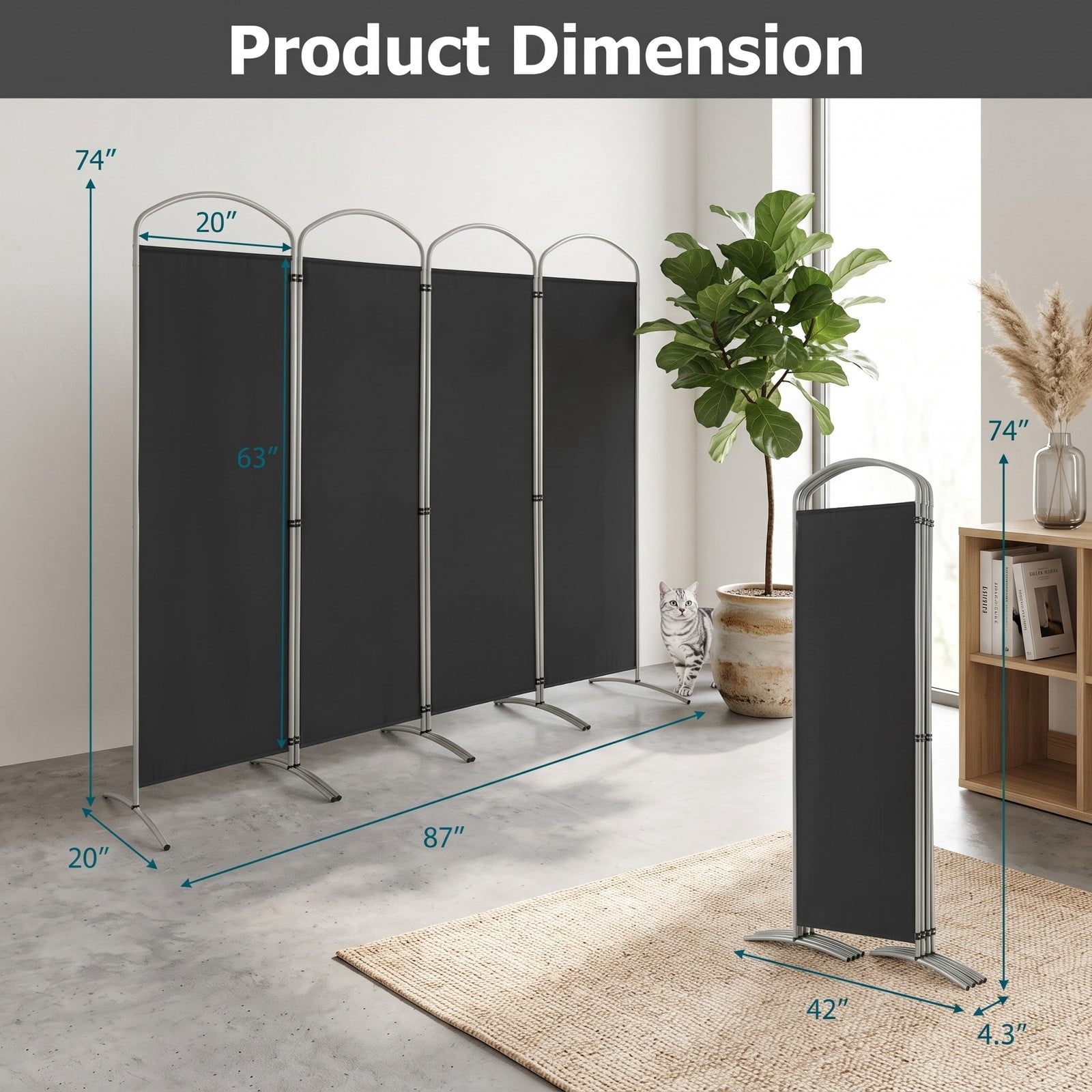 ALPULON 6.2Ft Folding 4-Panel Room Divider Freestanding Privacy Screen Partition for Home Office Living Room Bedroom, Polyester Fabric with Metal Base, Black