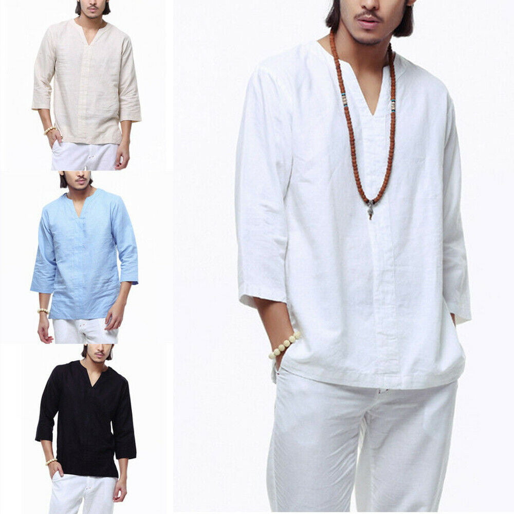 DIOMOR Casual Fashion Cotton Linen 3/4 Sleevel T Shirt Original Pure Color Button Henleys Trendy Slim Fit Artsy Blouse
