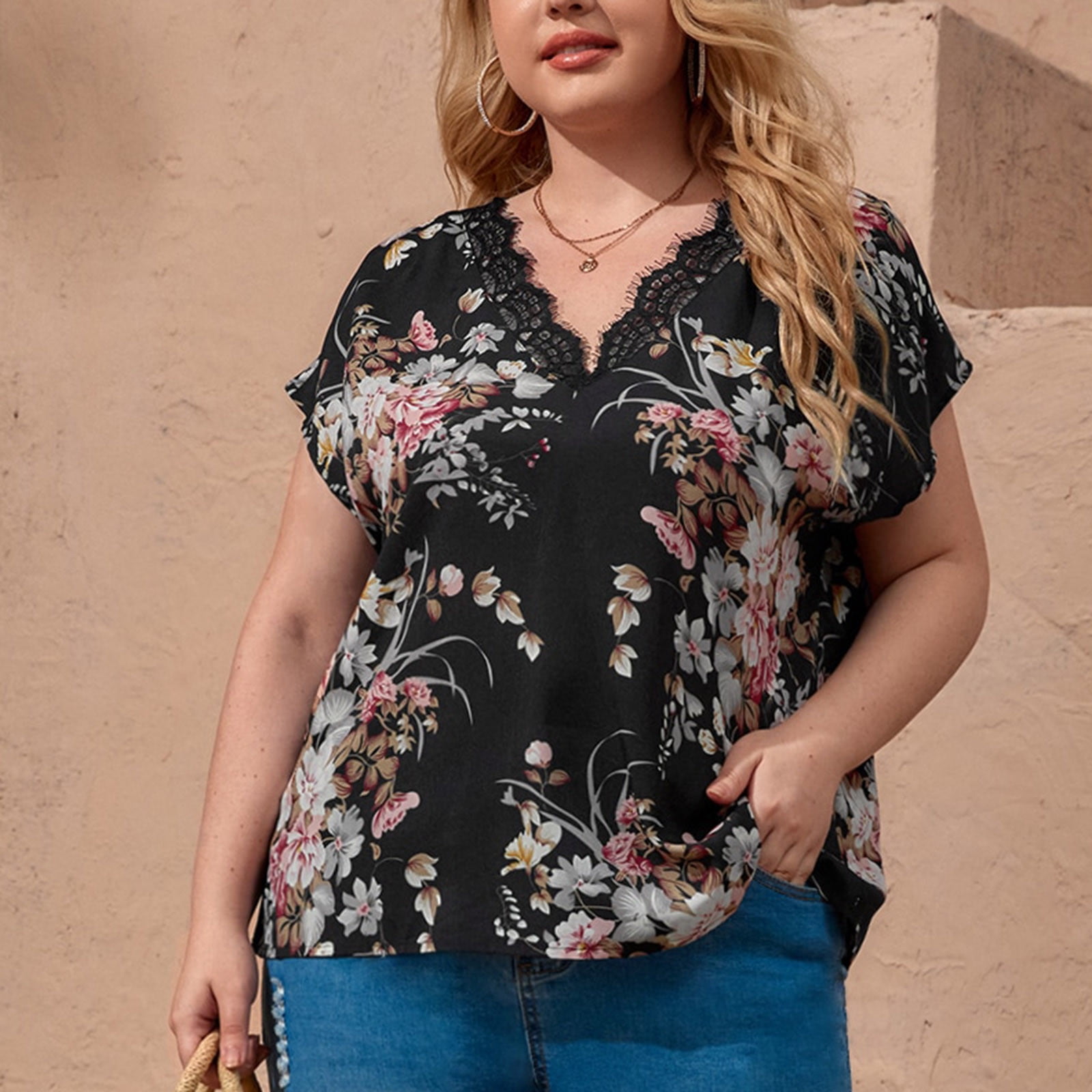 Njoeus Plus Size Tops For Women Blouses For Women Short Fashion Woman Casual V-Neck Solid Print T-Shirt Summer Plus Size Tops V Ladies Tops And Blouses On Clearance -