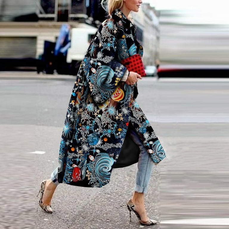 Women s Long Bell Sleeve Printed Oversized Trench Coat Boho Chic Outerwear Fall Outfits Fashion Clothes Tops Coats Jacket Navy Plus Size Coat For Women L Walmart