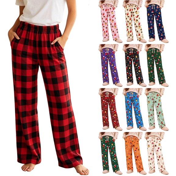 Hvogkswy Cotton Pajama Pants Women, Loose Straight Elastic High Waist Lounge Pants Thin Comfy Plaid Home Pajama Pants with Pockets