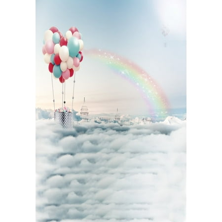 Image of MOHome 5x7ft Photography Background Fairy Flying Balloons Rainbow Clouds Castle Dreamlike Birthday Party Event Girls Lovers Portraits Background Photo Studio Props