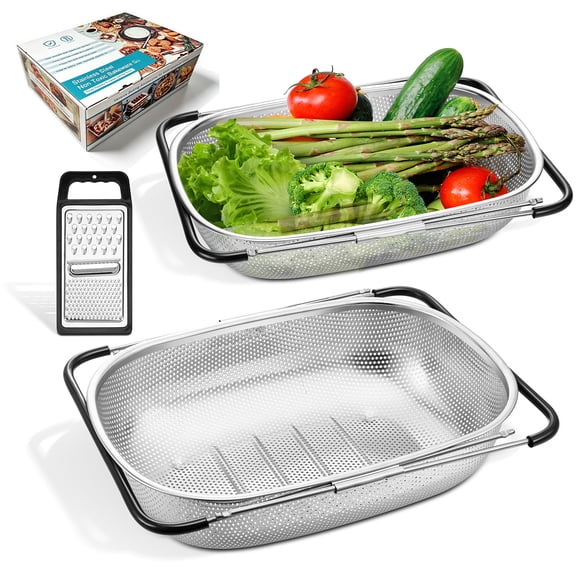Vesteel Stainless Steel Colander Set of 3, 6 Qt and 8 Qt Over the Sink Colander Large Capacity Strainer Basket with Extendable Rubber Grip Handles for Kitchen & Cheese Grater Handheld