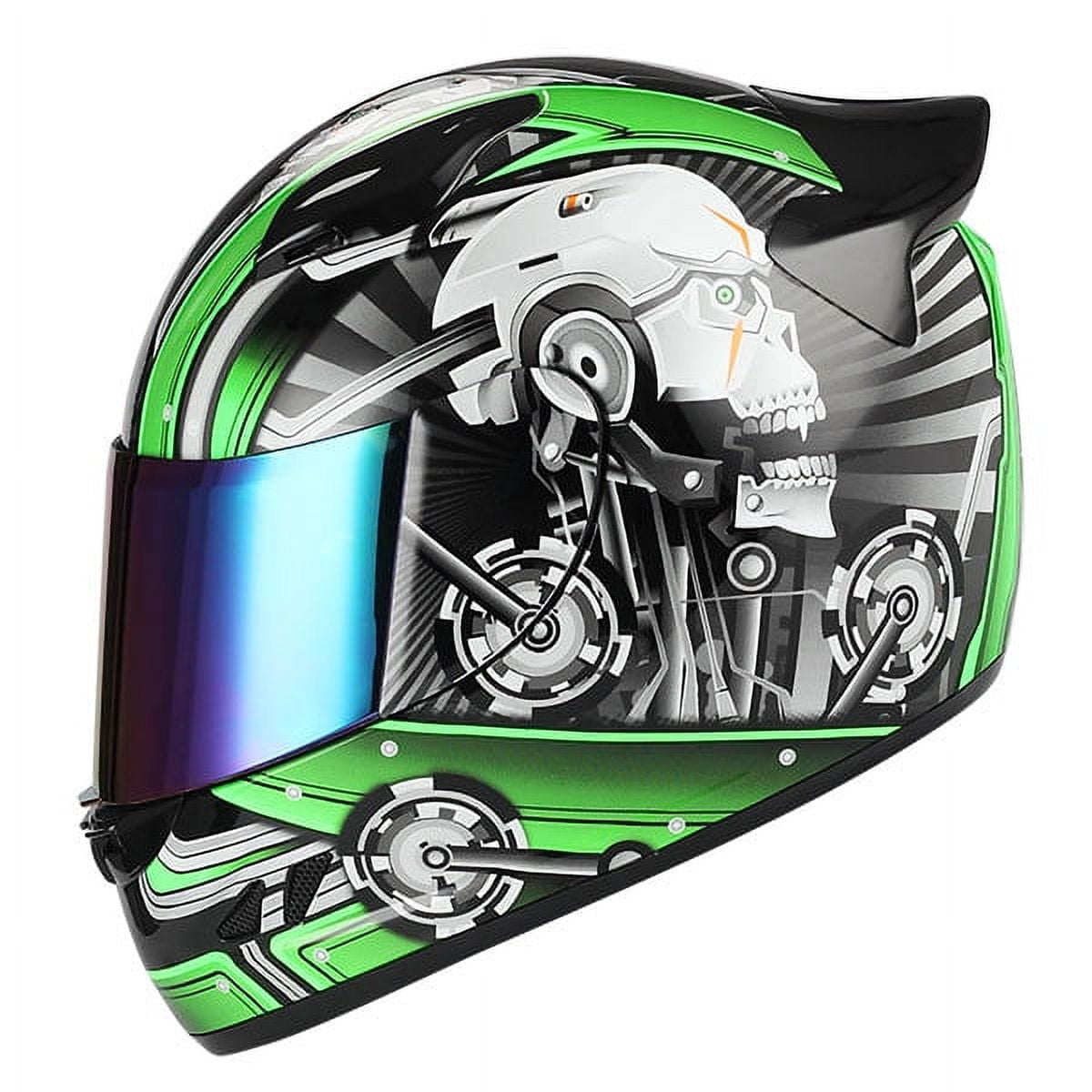 1Storm Motorcycle Bike Full Face Helmet Mechanic HJDJ11 + Motorcycle Bluetooth Headset: Skull Green