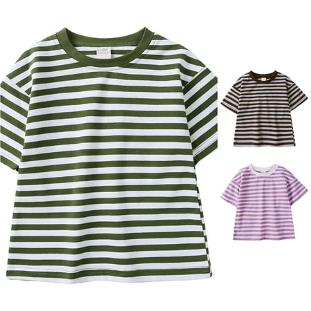 WAYUTE Boys Summer Striped Print Short Sleeve T Shirts Trendy Crewneck Breathable Lightweight Tops Blouse Casual Daily Wear Army Green Size 6-7 Y
