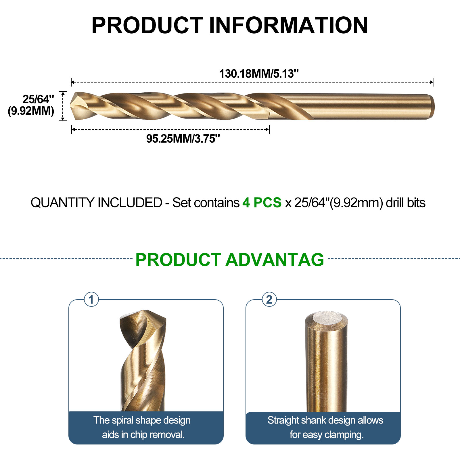 Uxcell 25/64"" Drill Bit Straight Shank 4241 HSS Gold Finish, 4pcs