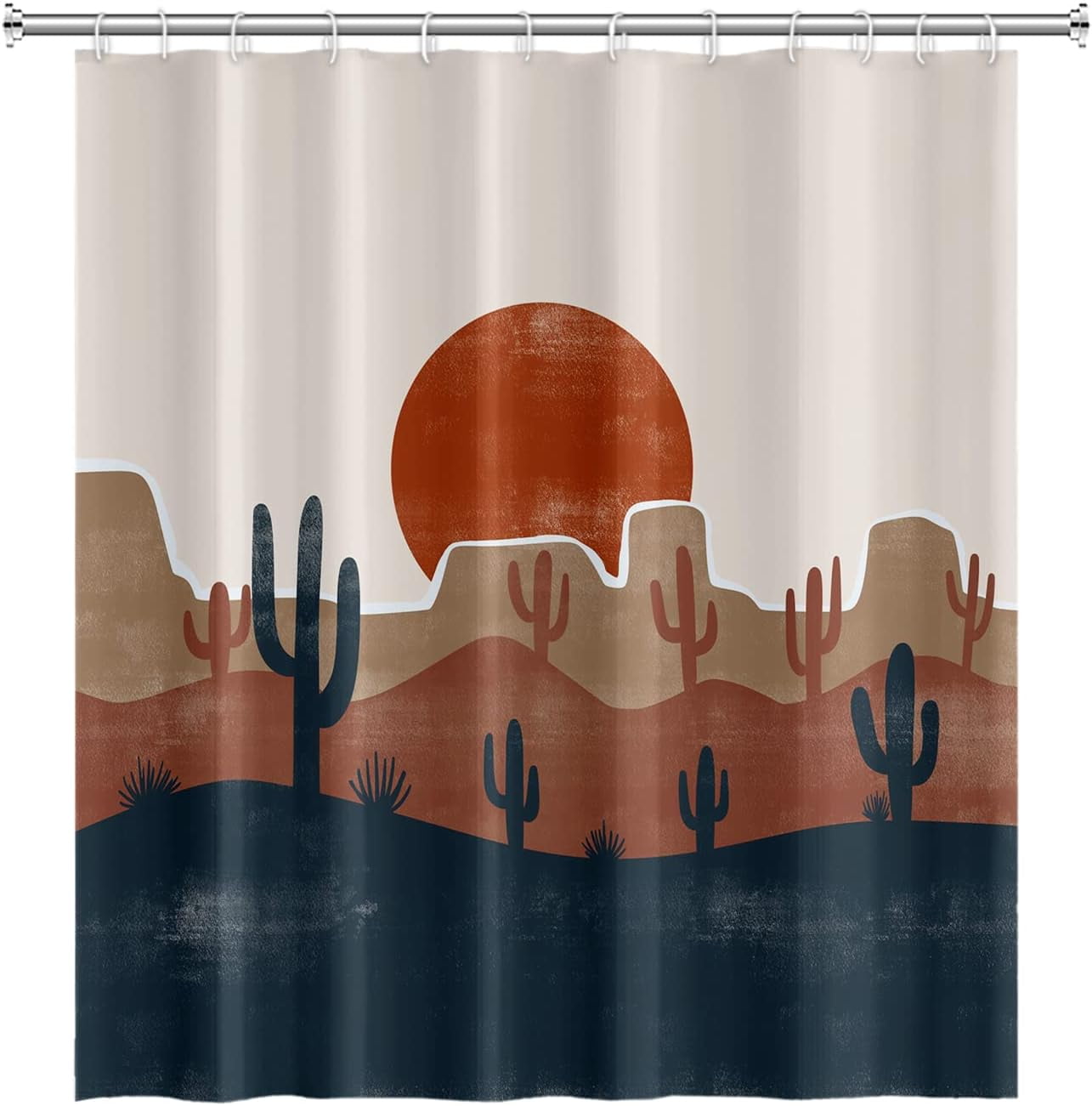 Abstract Mid Century Bohemian Bathroom Shower Curtain Desert Cactus Red Sun Shower Curtain with Hooks Waterproof Fabric Polyester Shower Curtain Modern Aesthetics Home Decorative, 36x72 Inch