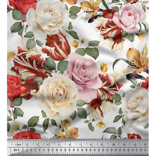 Soimoi Tissu Crêpe polyester Blanc Imprimé Feuilles & Roses au Mètre 52 Pouces de Large
