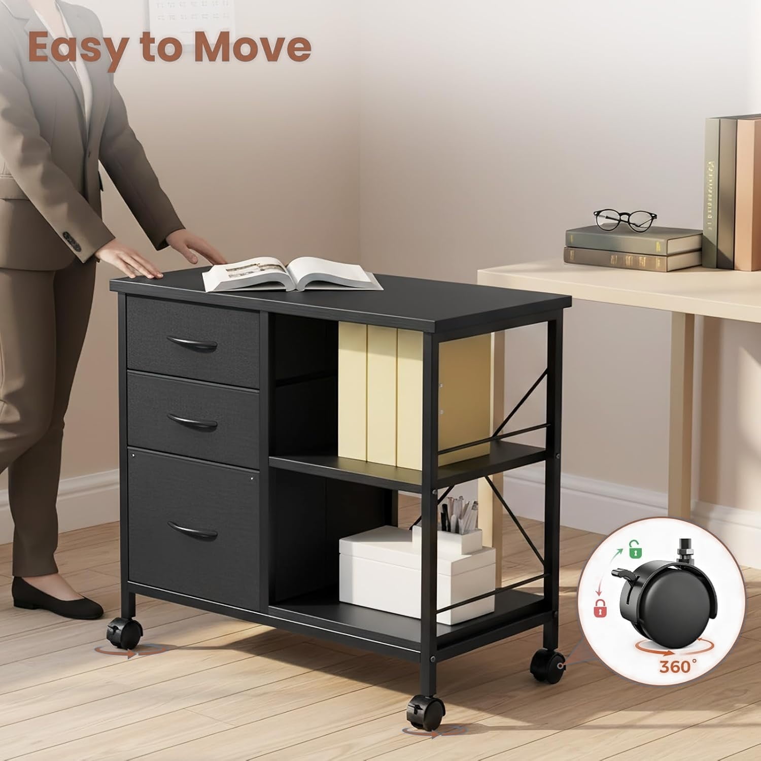 3-Tier Mobile File Cabinet, Rolling Printer Stand with Storage and Back Support Bar, 3 Drawer Lateral File Cabinet Holds 110lbs, for Home Office in Rustic Black