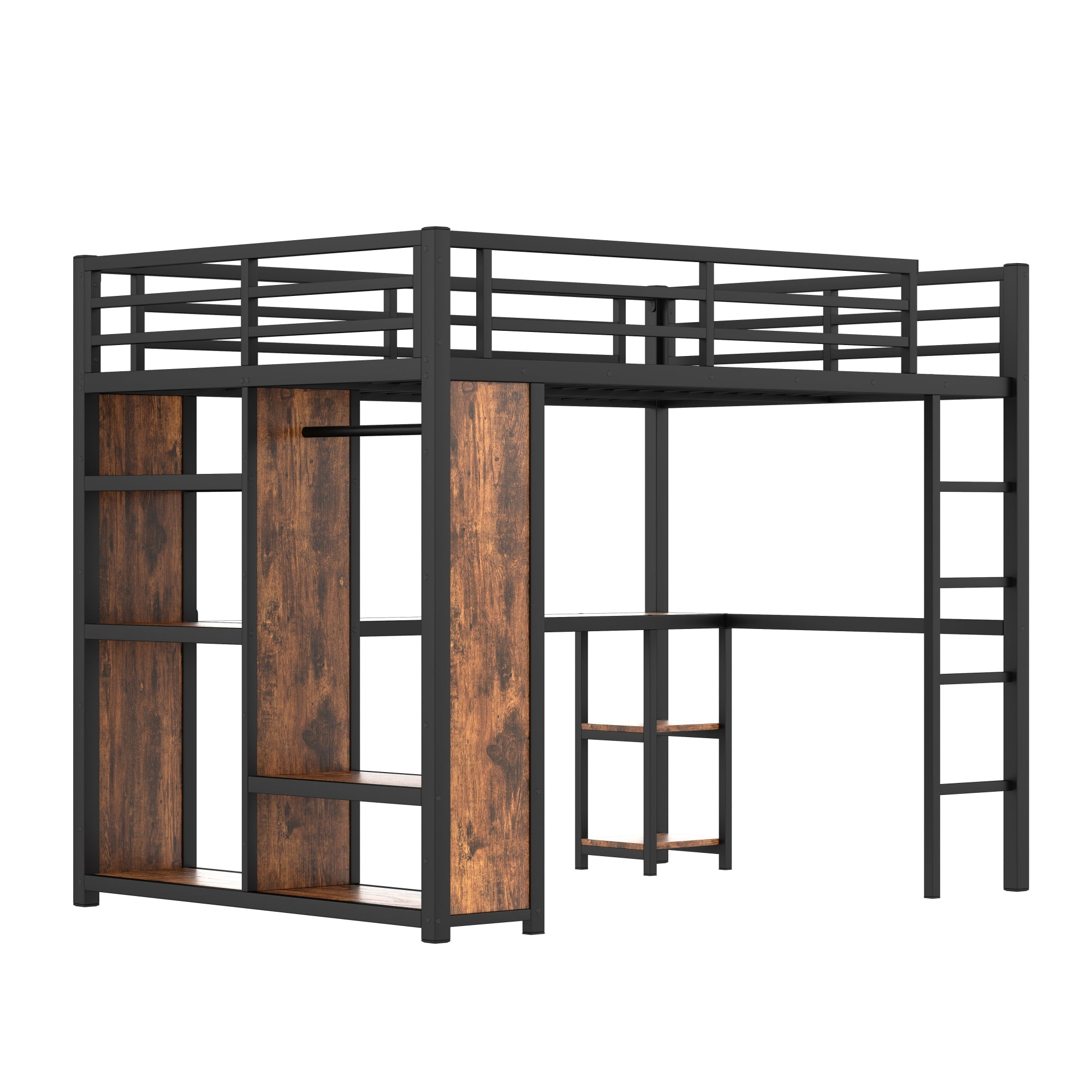 Leumius Queen Size Loft Bed with Built-in Wardrobe,Metal Loft Bed Frame with Woodgrain Desk and Storage Shelves,Space-Saving,Black