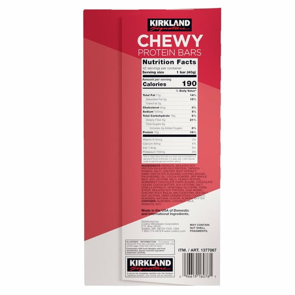 Kirkland Signature Chewy Protein Bar, Peanut Butter & Semisweet Chocolate Chip, 1.41 oz, 42-C