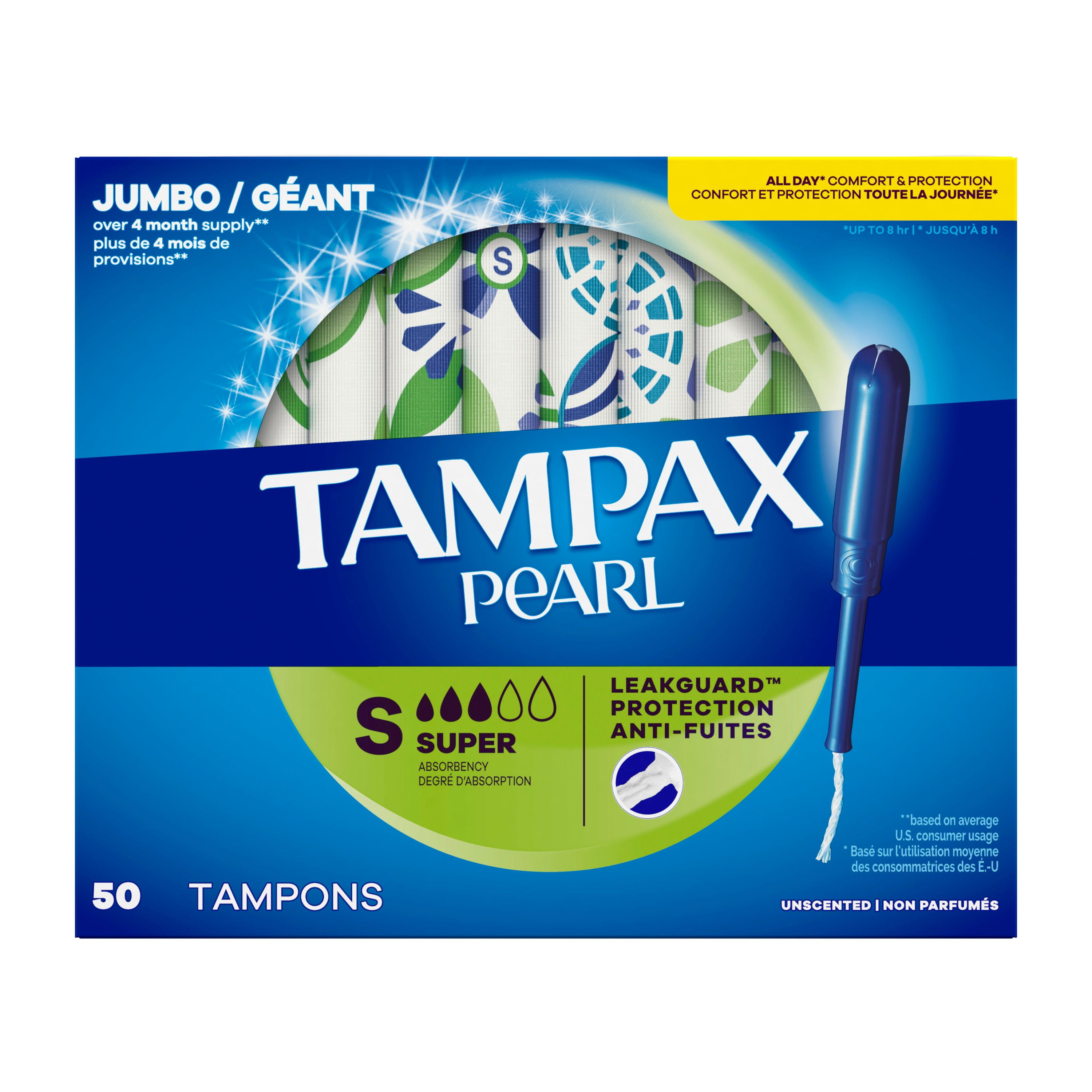 Tampax Pearl Tampons, with LeakGuard Braid, Super Absorbency, Unscented