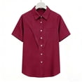 thumbnail image 3 of Craaazy Women Casual Collared Blouse, Solid Color Short Sleeve Button Down Shirt, Loose Fit Comfy V Neck Top for Daily Wear Gifts, 3 of 5