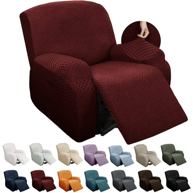 4 Pieces Stretch Recliner Slipcover Latest Jacquard Recliner Chair Cover with Side Pocket Anti-Slip Fitted Recliner Cover Couch Furniture Protector with Elastic Bottom (Recliner, Wine Red)