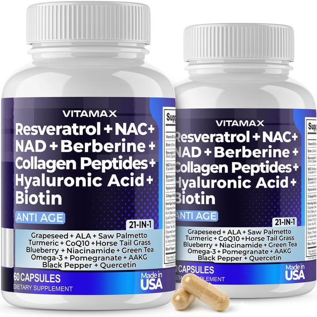 suplemento Vitamax Resveratrol NAD+, berberina y ácido hialurónico — frascos frontales con etiqueta morada que muestran Resveratrol + NAC + NAD + Berberine + Collagen Peptides + Hyaluronic Acid + Biotin; tapa blanca, texto Anti Age y 21-IN-1, 60 cápsulas, dos cápsulas beige en primer plano; fondo blanco, etiqueta indica que promueve el cabello, las uñas, la piel y las articulaciones; a menudo usado como suplemento diario.