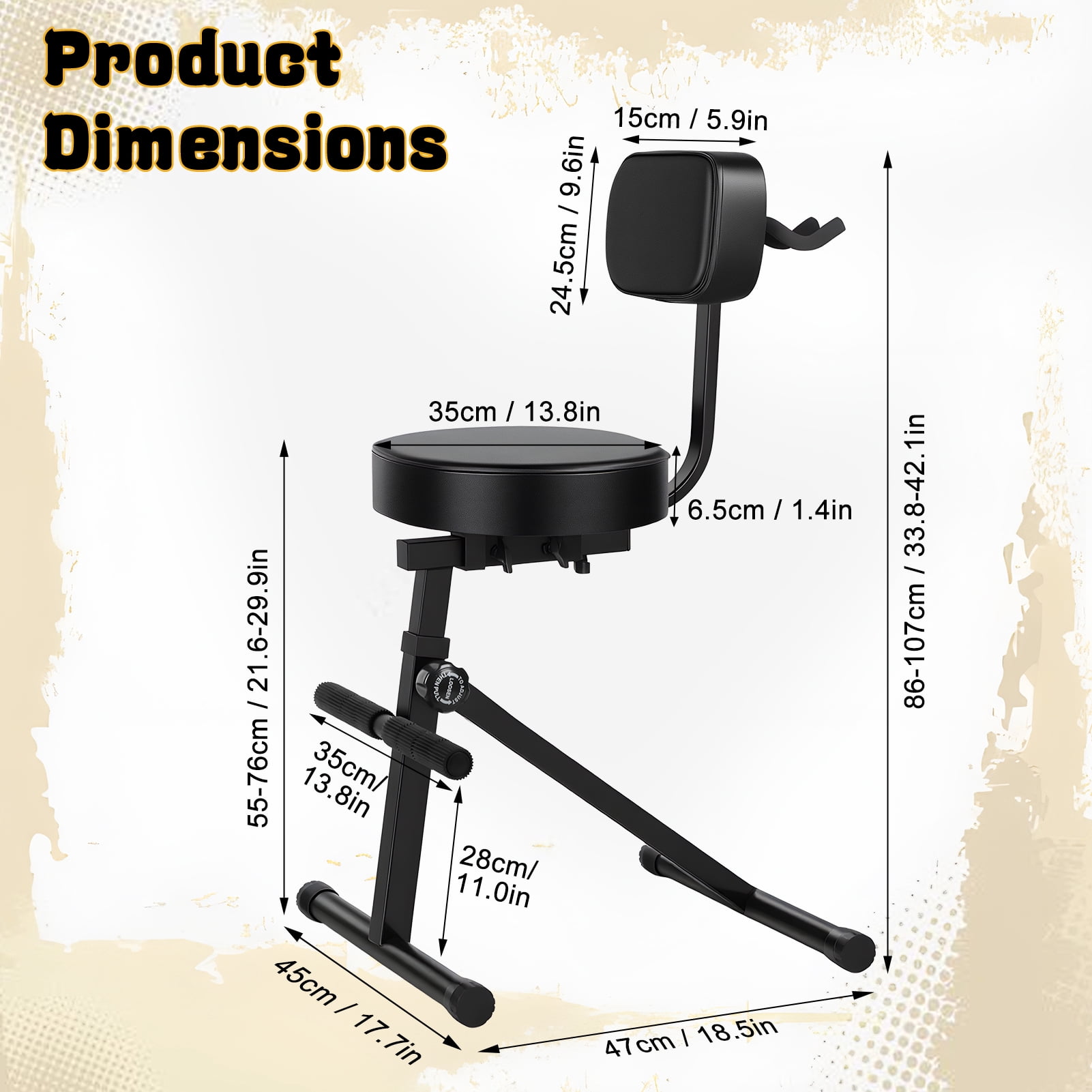 Adjustable Guitar Stool with Backrest & Footrest, Foldable Padded Seat for Electric Guitar Violin Bass, Integrated Guitar Holder for Home Studio & Performances