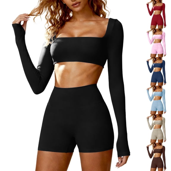 LangJing Workout Sets for Women 2 Piece Square Neck Long Sleeve Crop Top with Built in Bra High Waist Scrunch Butt Shorts Athletic Yoga Gym Outfits Light Blue,XXXL