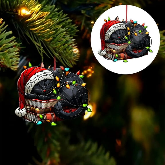 Adorable Cat in Santa Hat Stained Glass Style Ornament and Decor/ Christmas Cat Ornament A