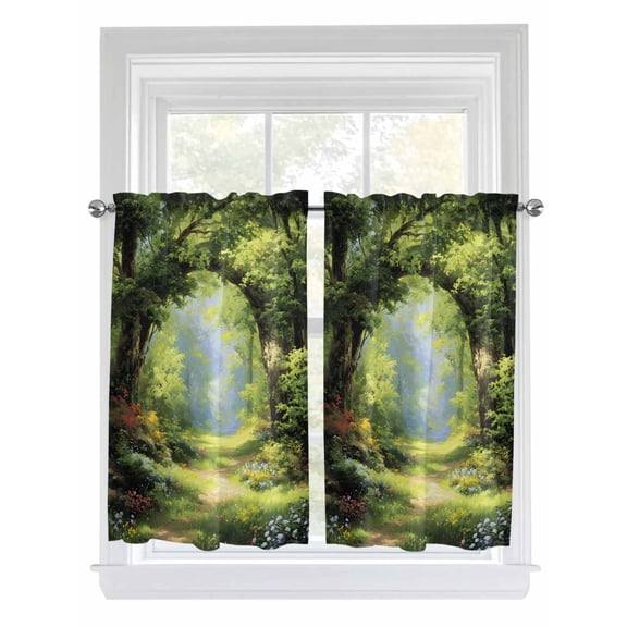 Forest 2 Panel Kitchen Curtains for Windows, Nature Woodland Spring Scenic Green Trees Flower Bathroom Privacy Curtain, Home Décor Window Treatment for Bedroom/Living Room 55"x45"