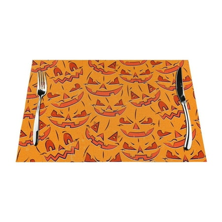 

XMXT Woven Placemats Set of 4 Pumpkin Ghost Faces Background Stain Resistant Table Runner Anti-Skid Place Mats for Dining Table 12 x 18 inches