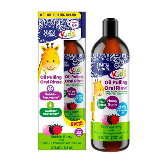 GuruNanda Kids Oil Pulling, Alcohol-Free Mouthwash, Essential Oils & Vitamins for Ages 6 & up, Natural Berry Lemon Rose, 8 Oz
